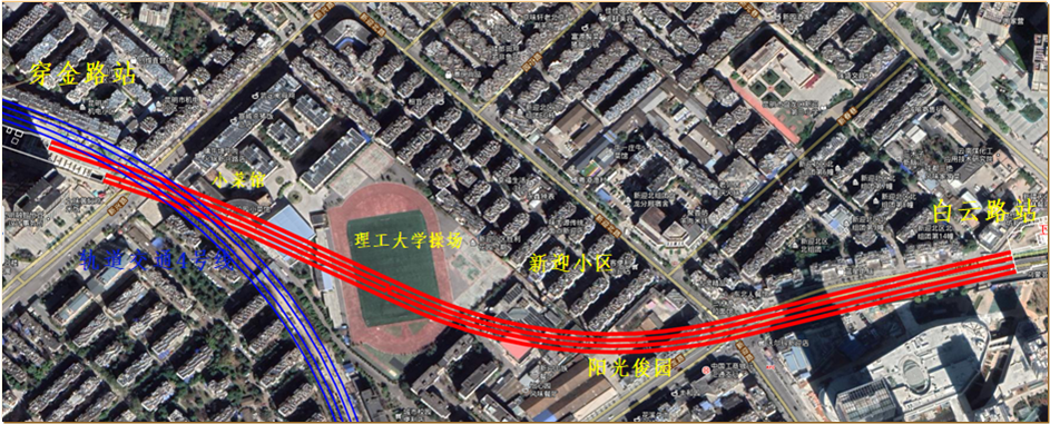 昆明地鐵五號線穿白區間下穿既有地鐵四號線的平面圖.png